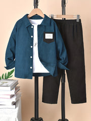 Boy's Geometric Pattern Shirt & Pants Set for Spring Fall