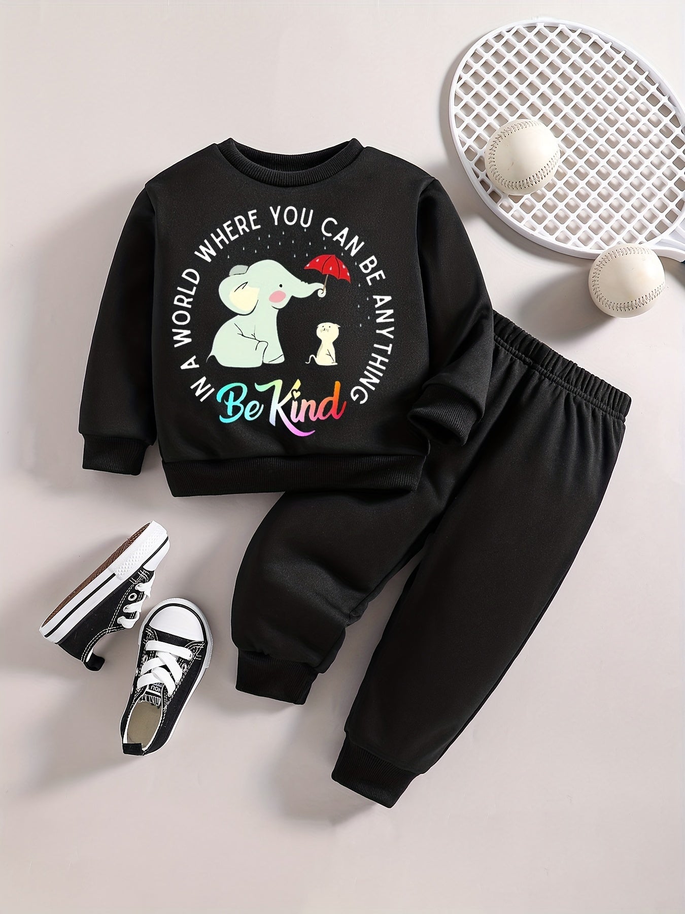 Baby Girl Casual Set Cartoon BE KIND Graphic Sweatshirt Pants Outfit