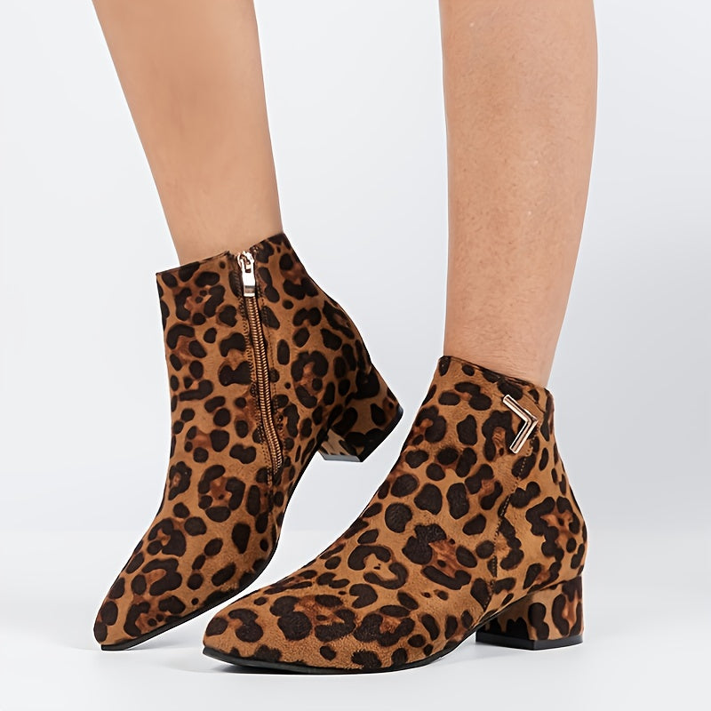 Leopard Chunky Heel Short Boots Women's Ankle Boots Pointed Toe Zip