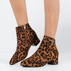 Leopard Chunky Heel Short Boots Women's Ankle Boots Pointed Toe Zip