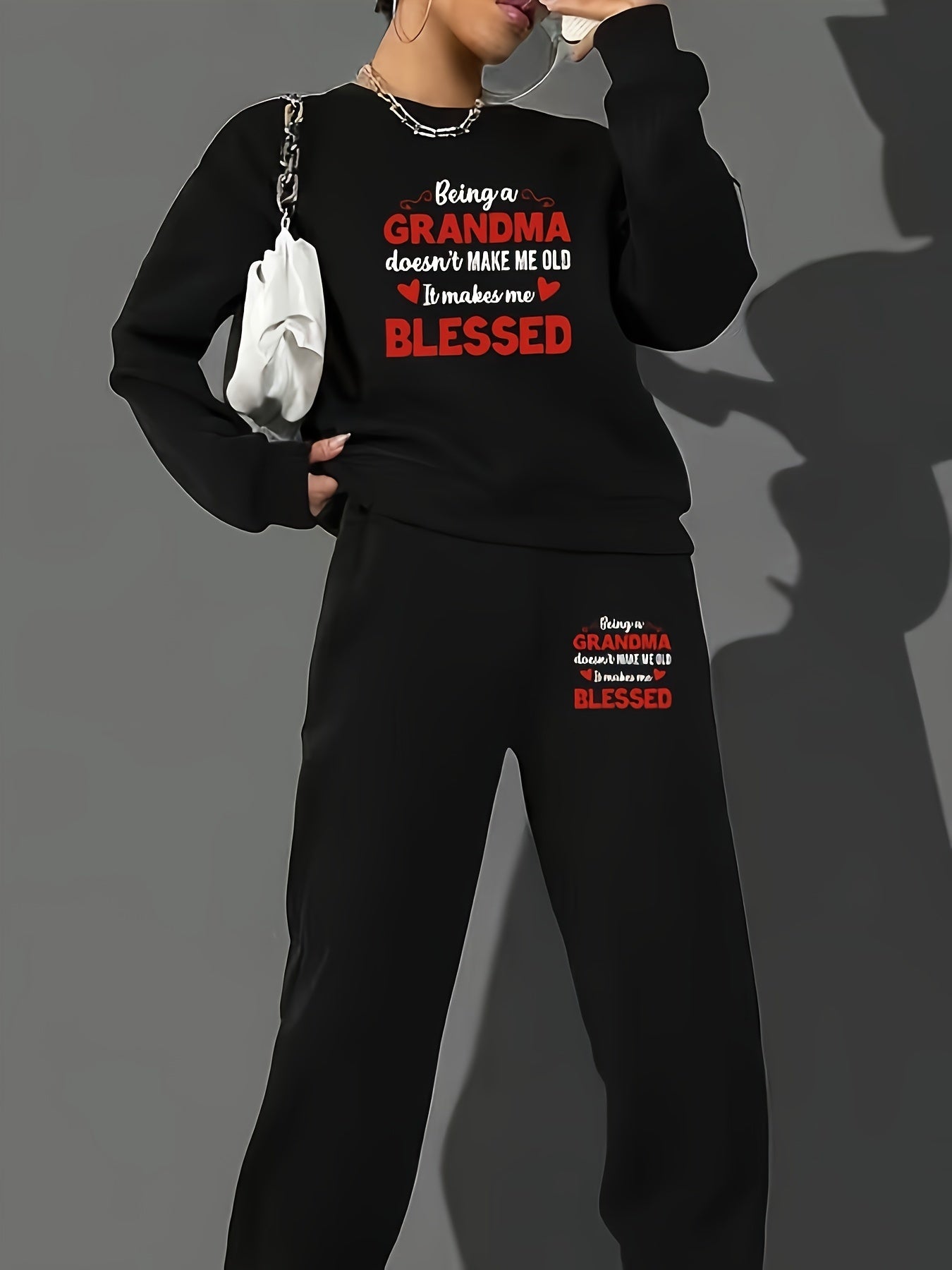 Women's Plus Slogan Print Sweatshirt & Jogger Sweatpants Set