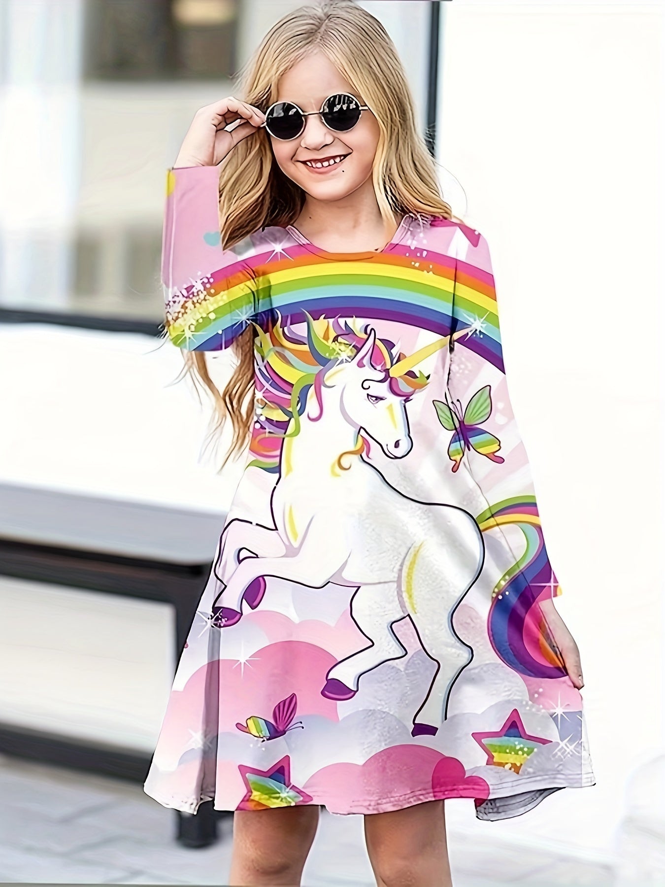 Shining Unicorn Graphic Long Sleeve Dress for Girls
