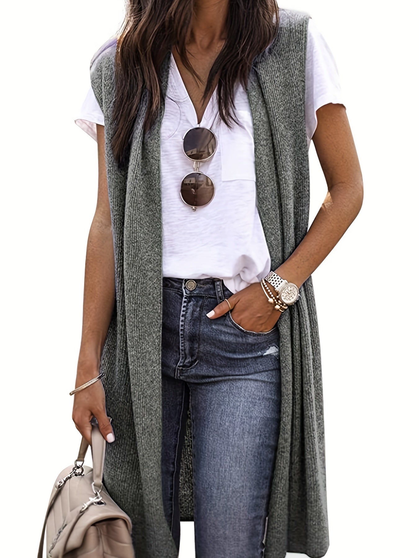 Solid Sleeveless Knit Cardigan Long Vest Sweater