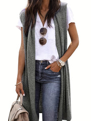 Solid Sleeveless Knit Cardigan Long Vest Sweater
