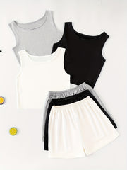 3-Piece Lounge Set Crew Neck Top & Shorts Women's Loungewear