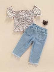 Floral Puffed Sleeve Denim Kids Outfit Set