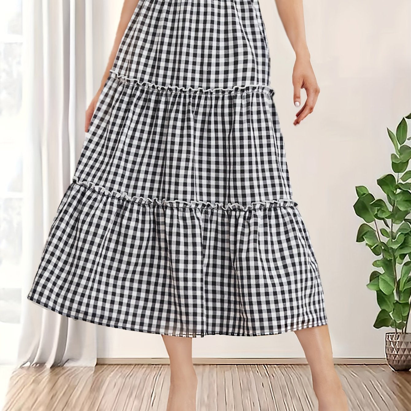 Plaid Print Ruffle Trim Skirt High Waist Casual Skirt