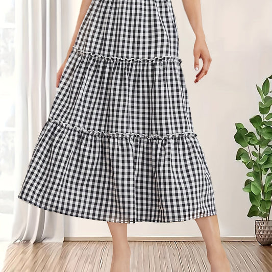 Plaid Print Ruffle Trim Skirt High Waist Casual Skirt