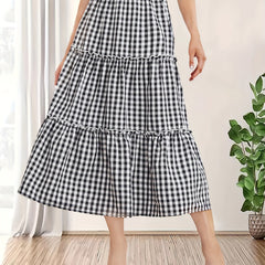 Plaid Print Ruffle Trim Skirt High Waist Casual Skirt