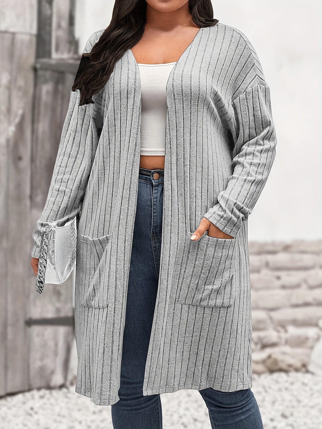 Solid Ribbed Long Sleeve Open Front Knit Cardigan