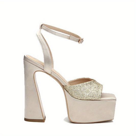 Sequins Pattern Heel Sandals Ankle Strap Slingback Platform Roman Shoes