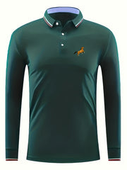 Men's Horse Print Polo Shirt Casual Stretch Breathable Long Sleeve Shirt