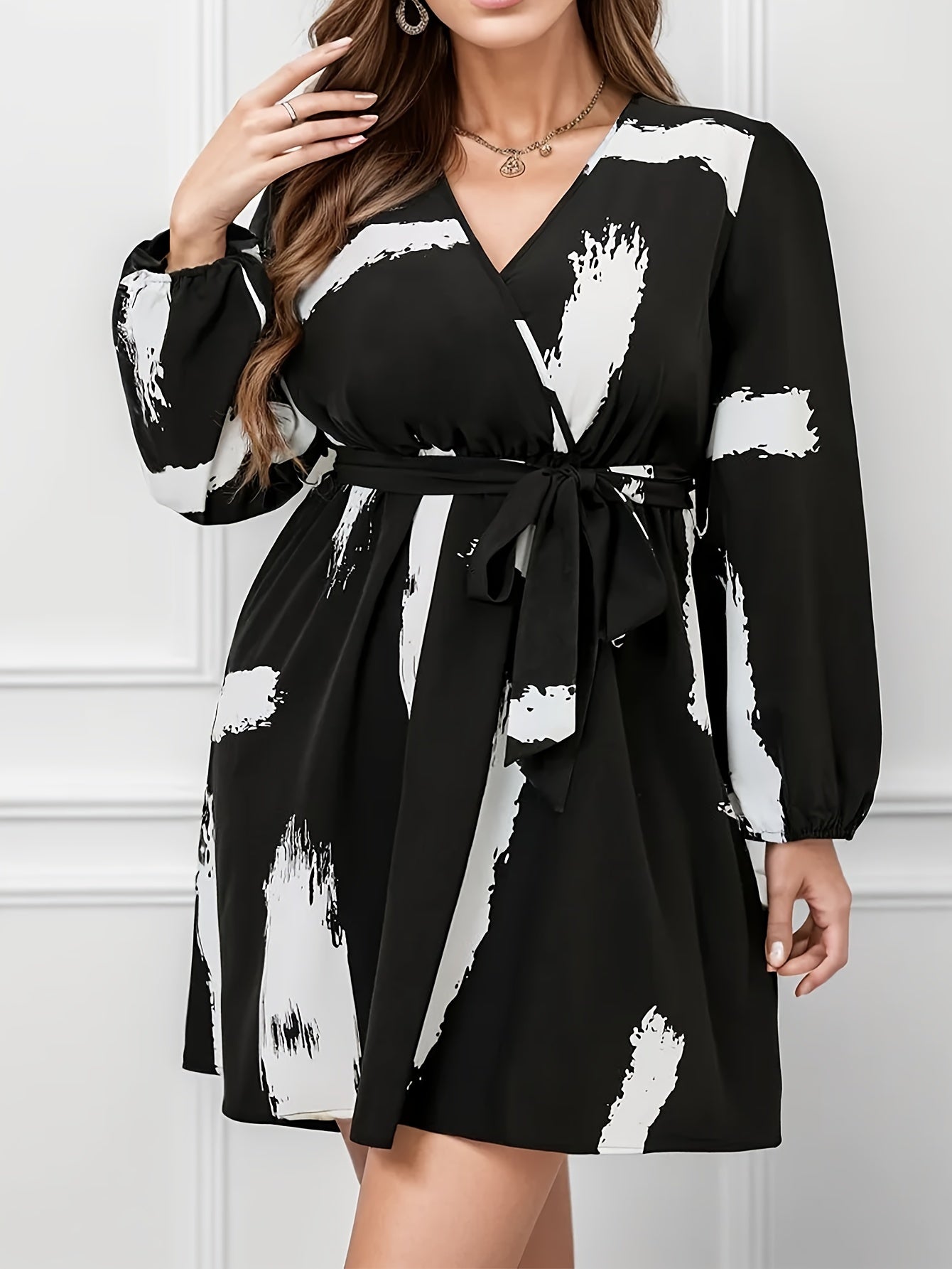 Casual Dress Women's Plus Brush Print Long Sleeve Mini Dress
