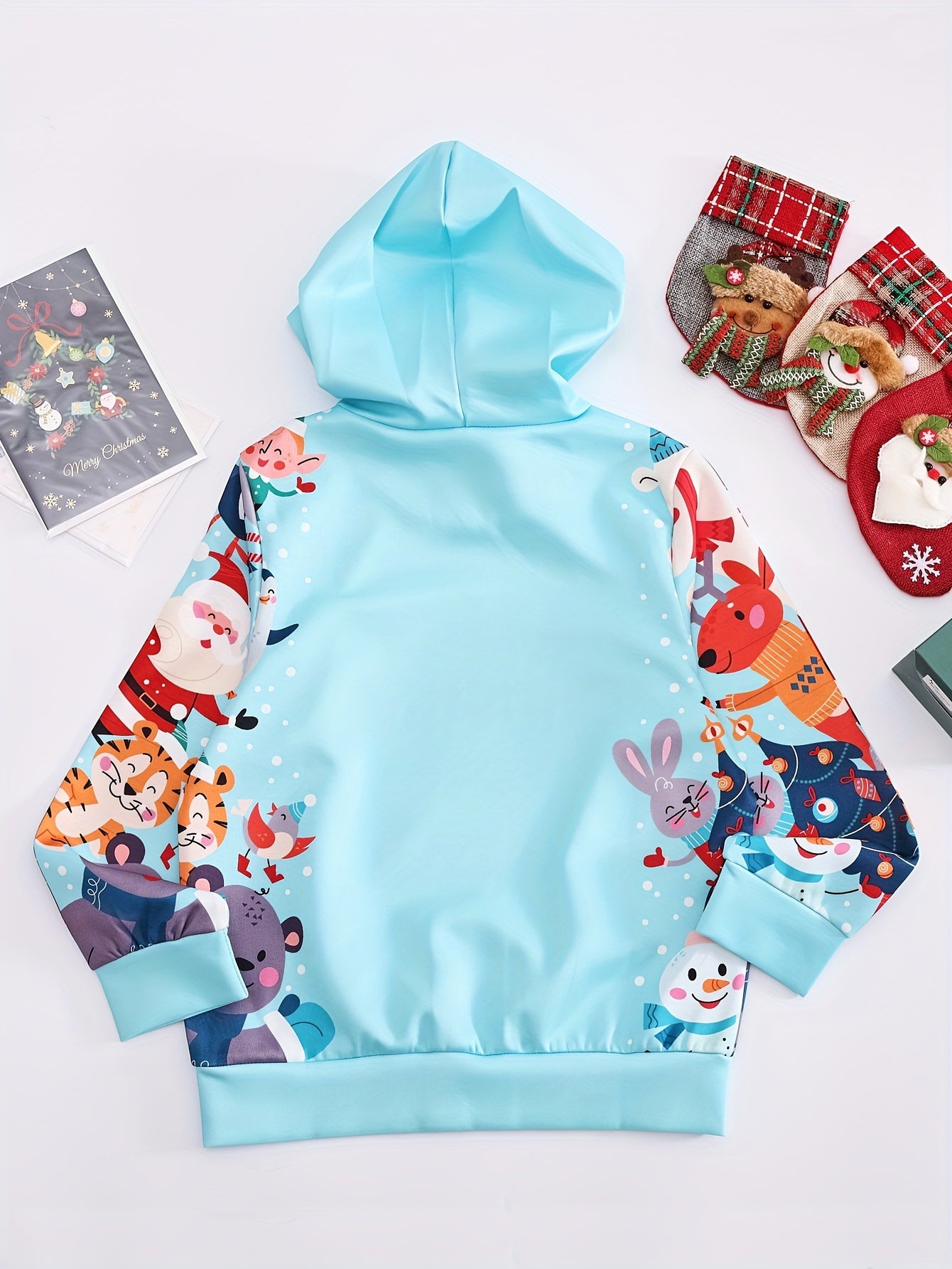 Girls Santa & Reindeer Graphic Hoodies Comfy Pullover Tops Christmas Gift