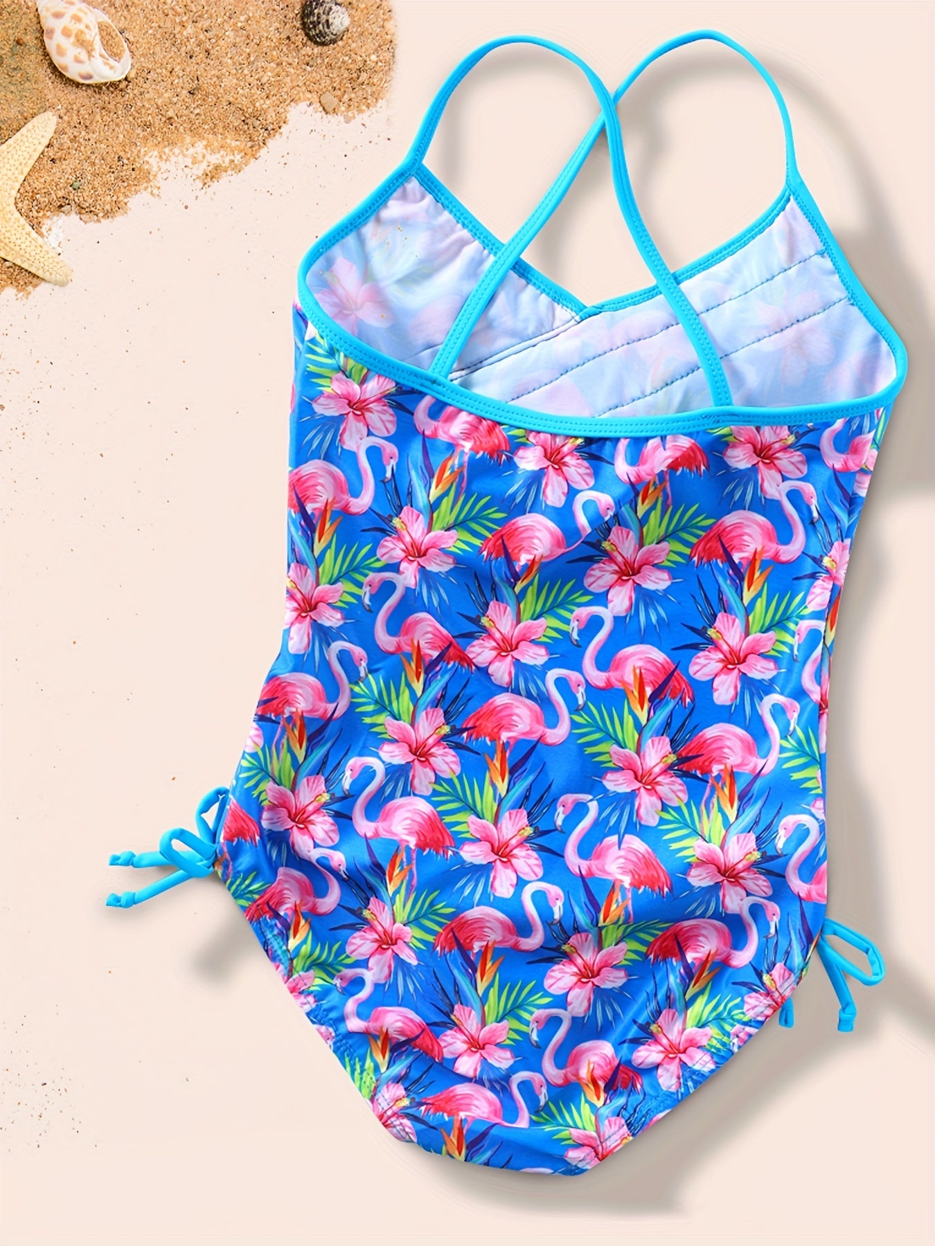 Floral Flamingo Girls Swimsuit with Ruffled Trim