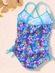 Floral Flamingo Girls Swimsuit with Ruffled Trim