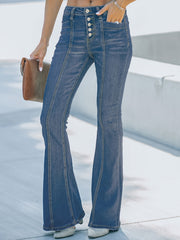 Casual Flare Leg Jeans High Rise Button Up Pocketed