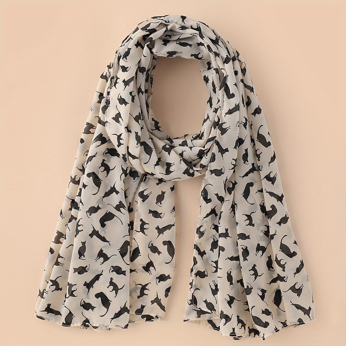 Vintage Cartoon Cat Print Chiffon Scarf Solid Shawl Headwrap