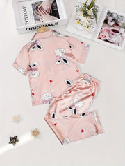 Girls Rabbit Graphic Pajama Set Short Sleeve Top & Pants Sleepwear