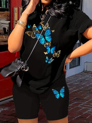 Butterfly Print Two Piece Summer Outfit Short Sleeve T Shirt & Shorts