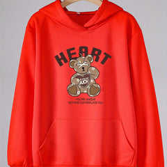 Heart Bear Print Hoodies Girls Comfy Hooded Pullover Tops