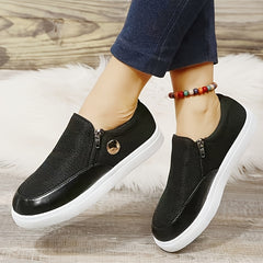 Women's Zip Decor Slip on Flat Shoes Breathable Solid Casual Shoes
