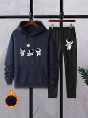 Men's Astronaut Print 2Pcs Outfits: Crew Neck T Shirt & Hooded Sweatshirt Set