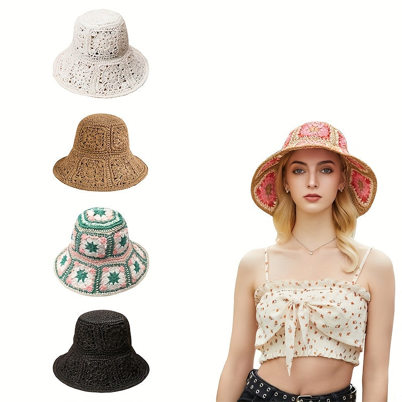 Vintage Floral Crochet Bucket Hat Bohemian Hollow Breathable Basin Hat