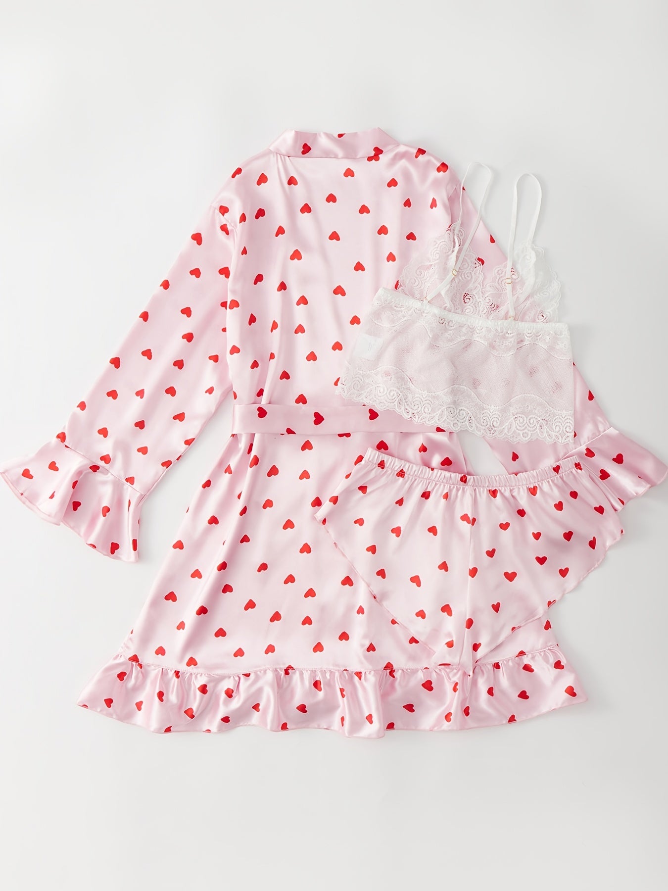 4 Pcs Heart Print Nightgown Pajamas Ruffled Long Sleeve Set