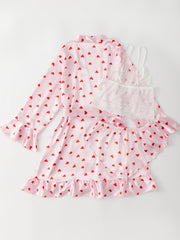 4 Pcs Heart Print Nightgown Pajamas Ruffled Long Sleeve Set