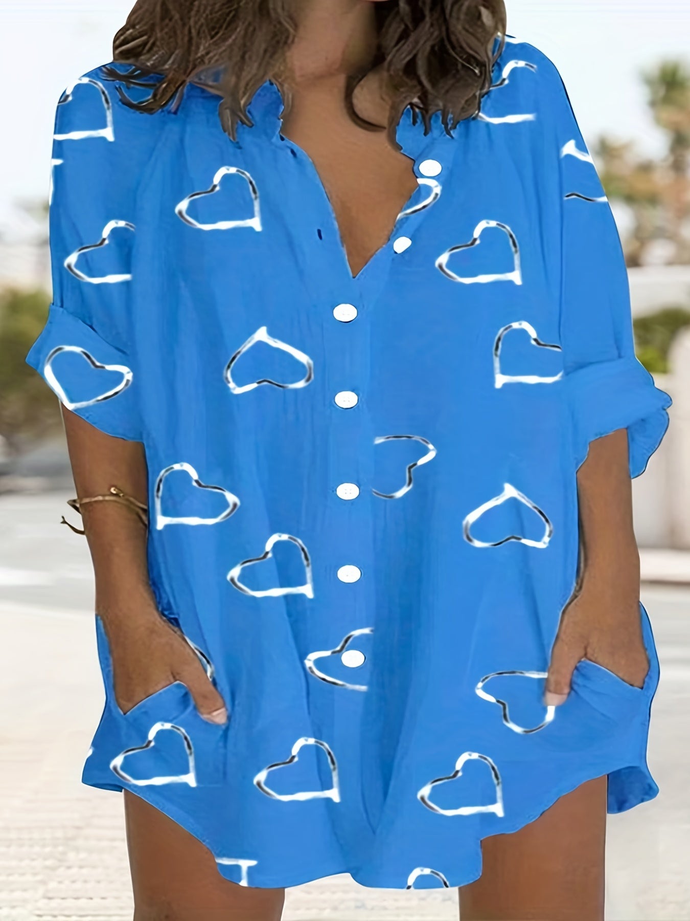 Heart Print Long Sleeve Shirt Dress