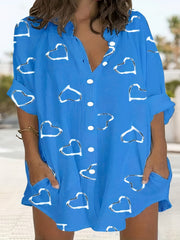 Heart Print Long Sleeve Shirt Dress