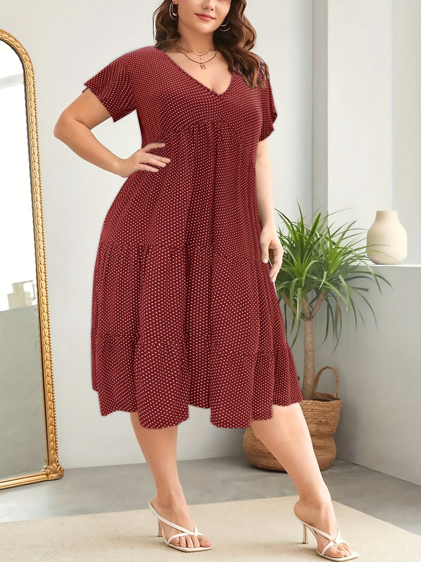 Dot Print Short Sleeve Maxi Dress Plus Size V Neck