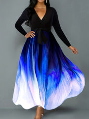 Colorblock Ombre Print Maxi Dress With Belt