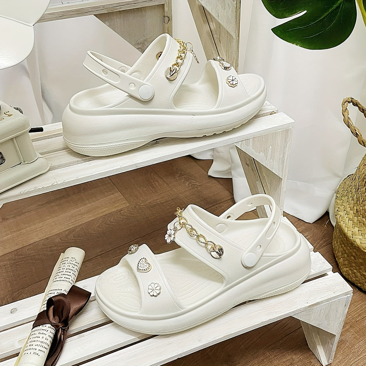 Women's Double Strap Charms Clogs Open Toe Wedge Slide Sandals