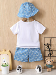 Bear Graphic Tee Top & Shorts & Hat 3pcs Suit Little Boys Outfit