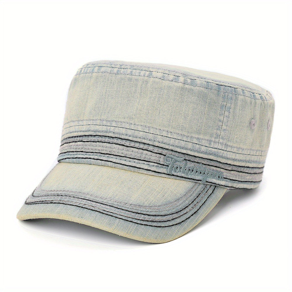 Washed Denim Military Cap Embroidered Army Hat Women Flat Top Cadet Hats