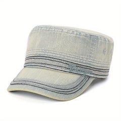 Washed Denim Military Cap Embroidered Army Hat Women Flat Top Cadet Hats
