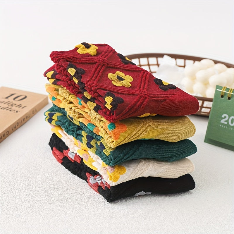 5 Pairs Floral Print Socks Mid Tube Women's Stockings