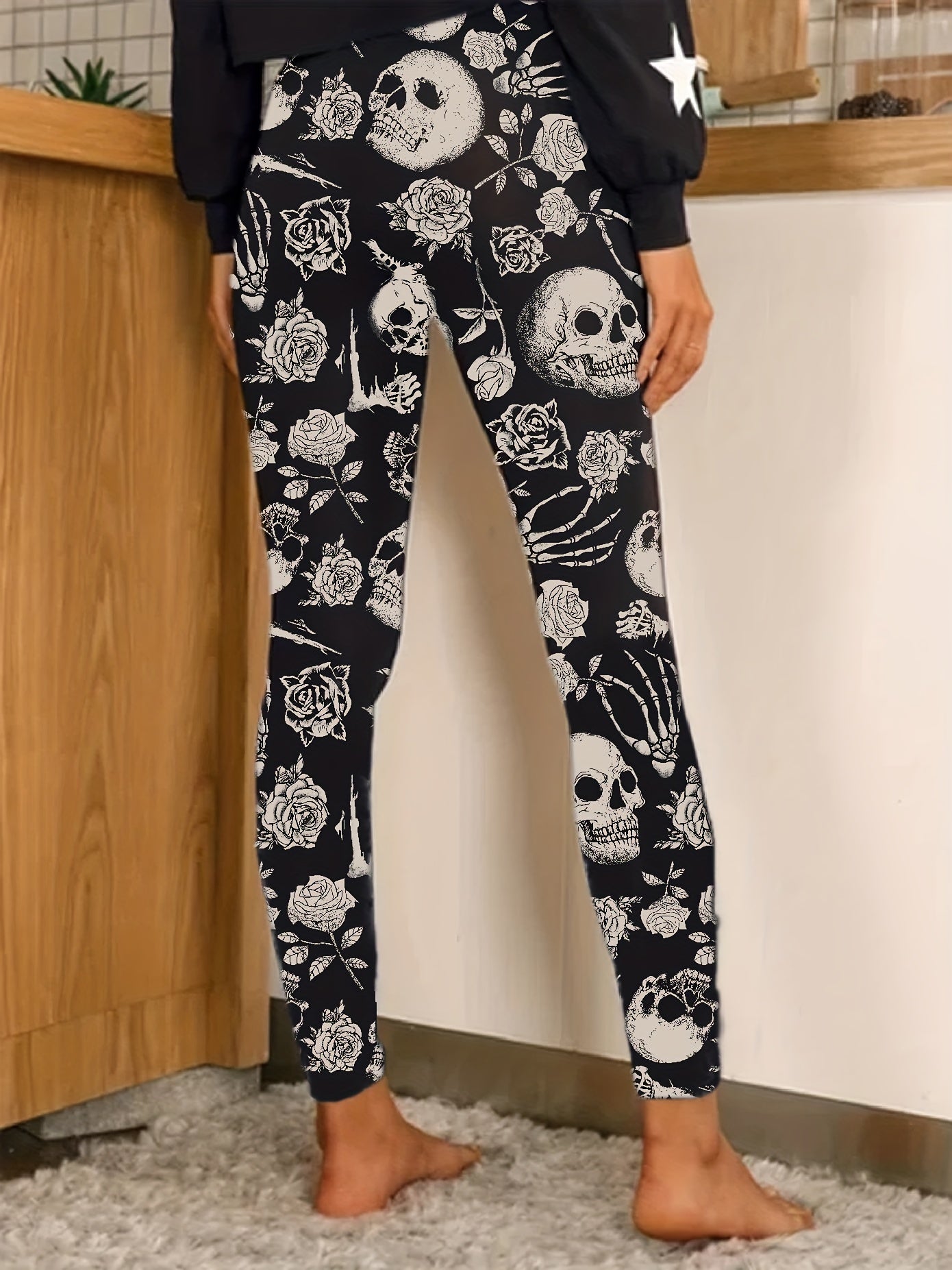 Floral & Skull Print Skinny Leggings Casual Stretchy Leggings