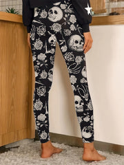 Floral & Skull Print Skinny Leggings Casual Stretchy Leggings