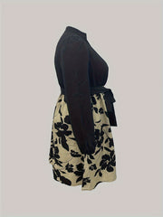 Floral Print Lantern Sleeve Plus Size Dress With Belt