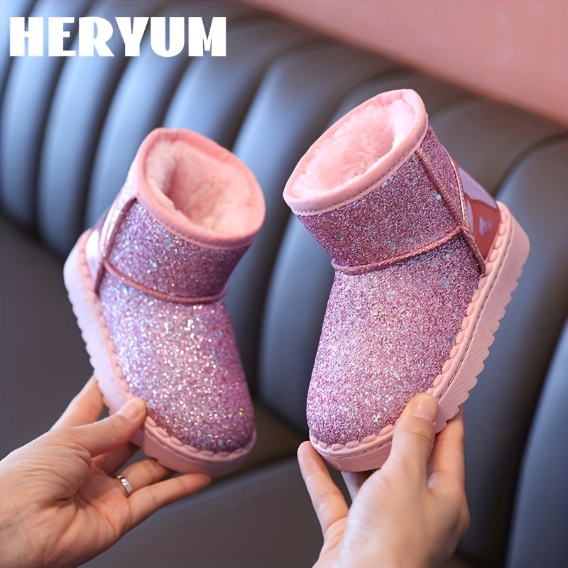 HERYUM Sequin Snow Boots For Girls Soft Warm Plus Fleece Boots Outdoor