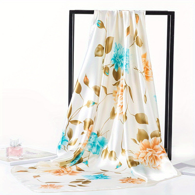 Rose Print Bandana Satin Shawl Silk Square Scarf Women Head Wrap Turban
