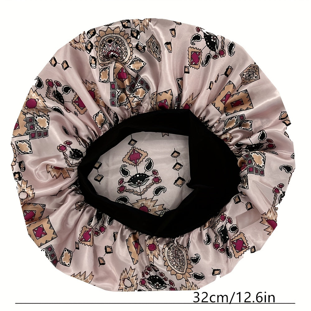 Cartoon Flower Print Satin Bonnet Elastic Hair Cap
