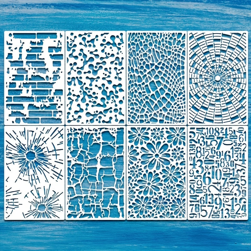 8pcs Reusable Painting Stencil Molecules Abstract Bricks Crocodile Irreg