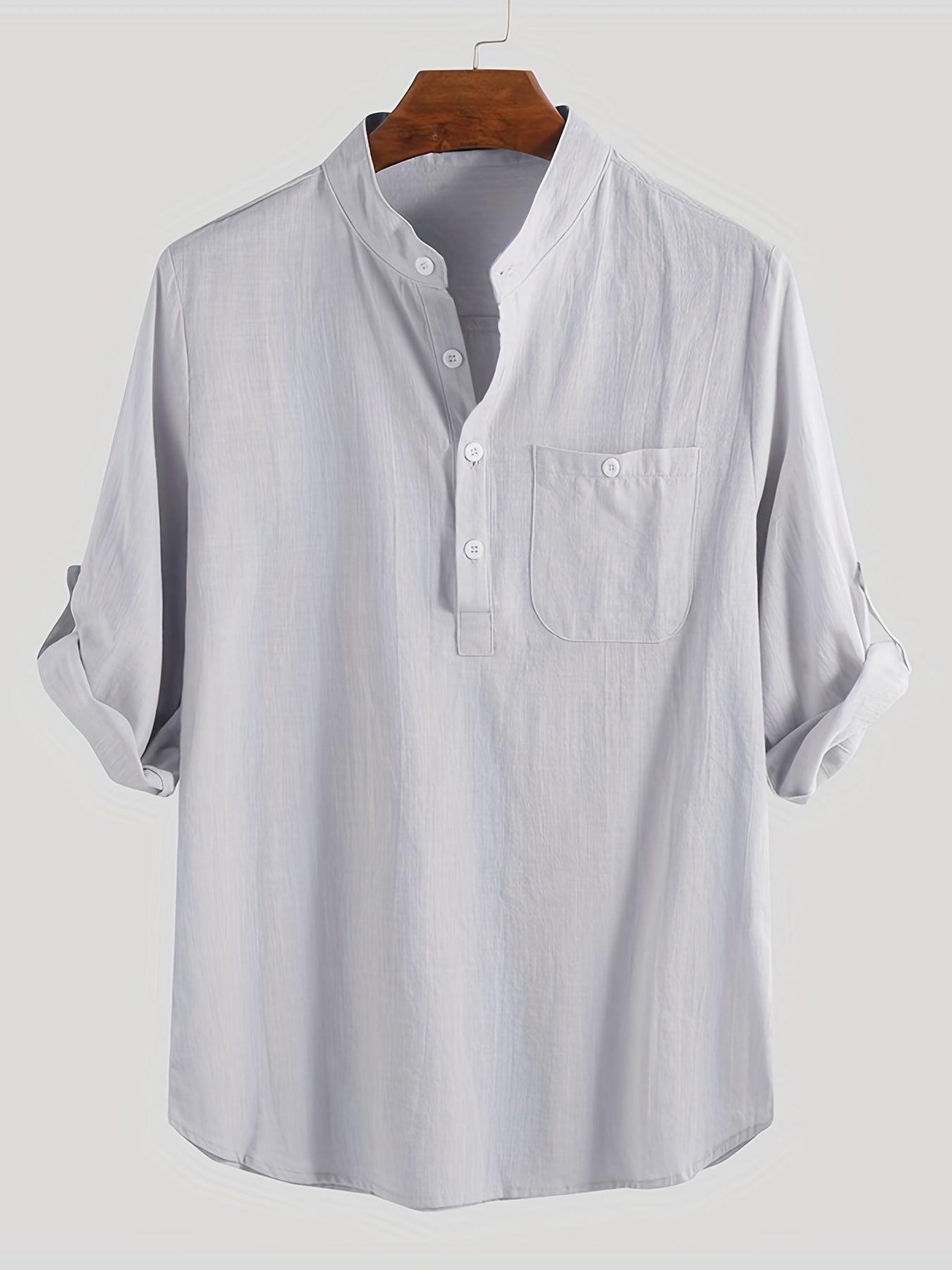 Men's Solid Short Sleeve Stand Collar Shirt