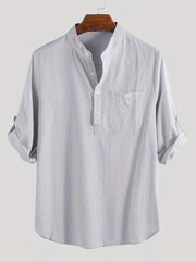 Men's Solid Short Sleeve Stand Collar Shirt