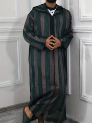 Islamic Arabic Hooded Kaftan Men Long Sleeve Vertical Striped V Neck