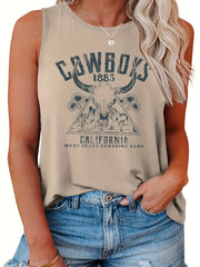 Women's Tank Top Letter & Cow Print Round Neck Western Style